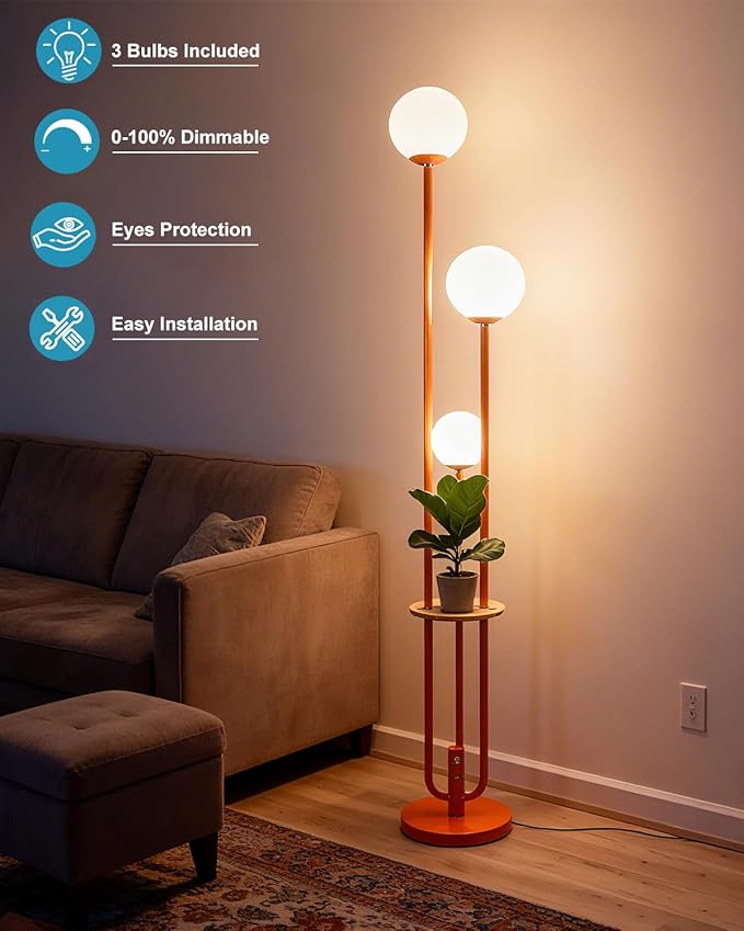 Lightdot 63IN Orange Floor Lamp with Shelf Mid Century Modern Tall Standing Lamps with 3000K Warm White Bulb Included Dimmable Globe Floor Lamp for Living Room/Party/Sofa Beside/Corner Decor