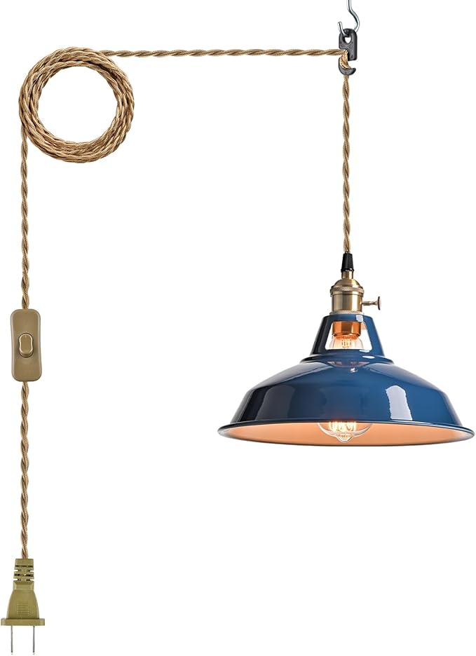 YUBOLE Farmhouse Plug-in Pendant Light-Dark Blue Barn Hanging Light Adjutable Hanging Cord with On-Off Switch Swag Lamp Renter Fridenly for Kitchen Bar Cafe Bedroom Loft