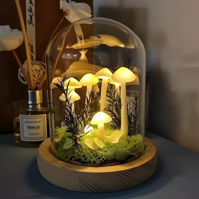 DIY Mushroom Lamp Kit – Handmade Mushroom Night Light with Glass Dome, Terrarium-Style Jungle Atmosphere Night Light with Faux Moss & Wooden Base for Bedroom, Home Decor, Gifts for Women & Kids