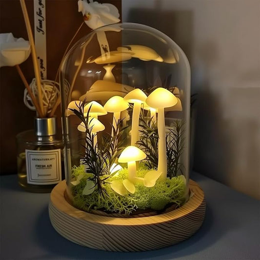 DIY Mushroom Lamp Kit – Handmade Mushroom Night Light with Glass Dome, Terrarium-Style Jungle Atmosphere Night Light with Faux Moss & Wooden Base for Bedroom, Home Decor, Gifts for Women & Kids