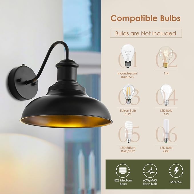Dusk to Dawn Outdoor Wall Light Fixtures,12" Black Barn Wall Light with Gooseneck, Farmhouse Exterior Waterproof Wall sconces with Dome Shade for House Porch, Garage,Patio, 1Pack