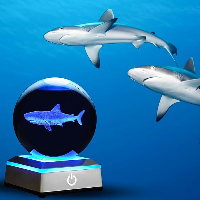 3D Shark Crystal Ball Night Light with LED Colorful Touch Base 3.15 Inch Shark Figurines Glass Sphere Lamp for Birthday Christmas, Cool Shark Home Table Lamp Decor Gifts for Boys Kids Teens Women
