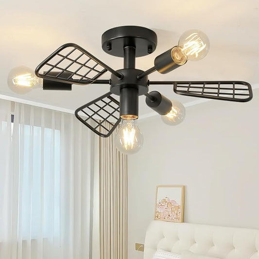 Modern Farmhouse Chandelier,21 Inch Black Metal Geometry Rustic Vintage Semi Flush Mounted Ceiling Light Fixture for Dining Room Bedroom Kitchen Island Hallway Foyer Entryway(4-Light)