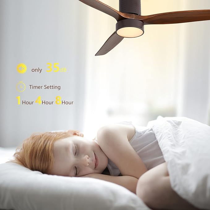 52 Inch Flush Mount Wood Ceiling Fans with Lights Remote Control, Dimmable LED Noiseless Reversible DC Motor,Solid Wood 3 Blade Brown Body