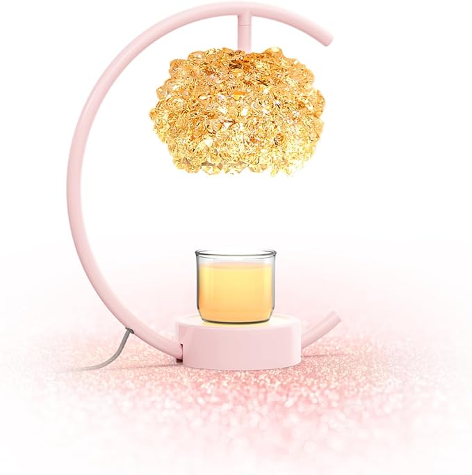 Pink Candle Warmer Lamp for Jar Candles with Adjustable Brightness＆Timer，Handcrafted Crystal＆Wooden Base,Candle Lamp Luxurious Design+2Bulbs,Home Decoration Electric Candle lamp(C-Shaped)