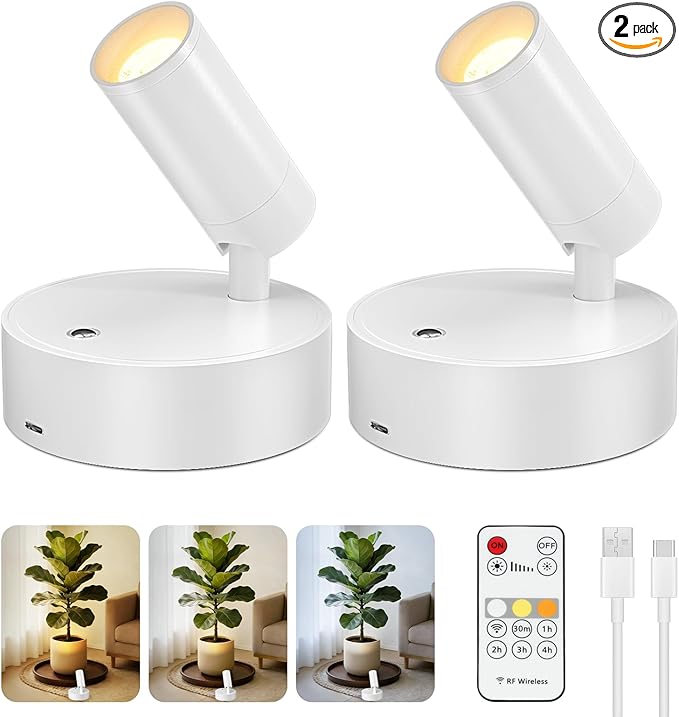 Kimjo Rechargeable Spot Lights for Plants, Wireless LED Spotlight, Uplighting Indoor with Remote and Dimmable, Accent Lighting for Picture, Battery Operated Wall Light with Metal Lampshade (2 Pack)