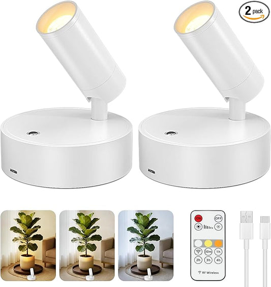Kimjo Rechargeable Spot Lights for Plants, Wireless LED Spotlight, Uplighting Indoor with Remote and Dimmable, Accent Lighting for Picture, Battery Operated Wall Light with Metal Lampshade (2 Pack)