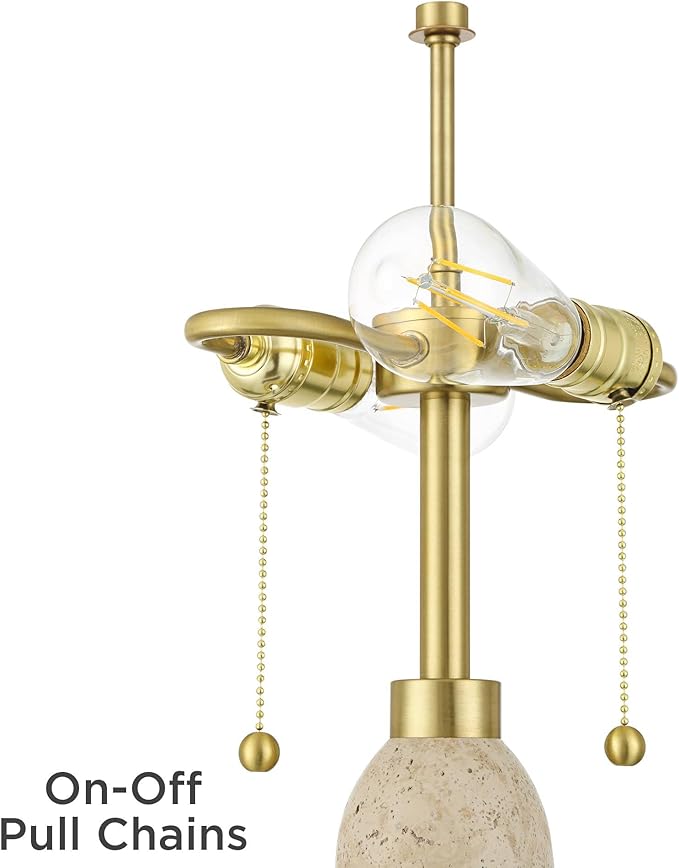 Possini Euro Design Chanterelle 24 1/2" High Mushroom Mid Century Modern Table Lamp Pull Chain Beige Faux Stone Finish Single Brass Dome Shade Living Room Bedroom Bedside Nightstand House Office