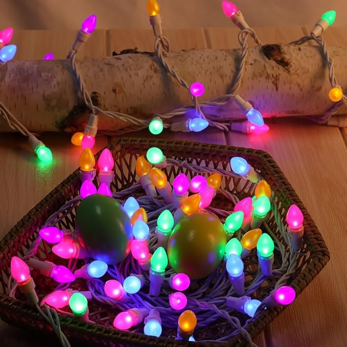 Easter String Lights Decorations, 2PACK 50 LED Count 13 Feet Pastel Multi-Color Lights with White Wire, Plug-in Connectable for Indoor Outdoor Party, Easter eggs baskets,Yard, Garden and Home Decor