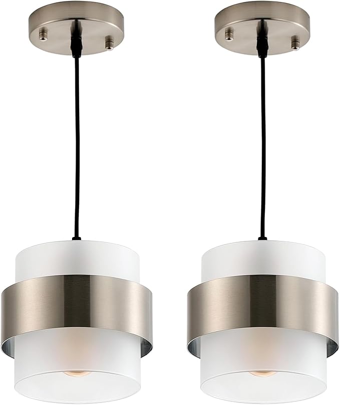 Pendant Lights Kitchen Island Lighting, 2 Pack 7 Inch Mini Glass Haning Lights for Entrance Aisle Decorative Lighting Fixture for Dining and Bar Table (Brushed Nickel with Frosted White)