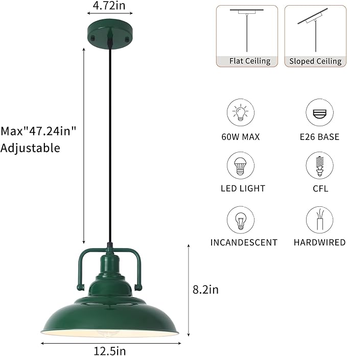 Farmhouse Pendant Light, 12.5inch, 3 Packs- Green Industrial Pendant Light, Kitchen Pendant Lights, Pendant Lights Kitchen Island, Pendant Light for Bedroom, Office, Kichen Sink, Library