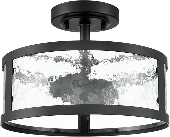 Farmhouse Semi Flush Mount Ceiling Light Black Light Fixtures Ceiling Mount 2-Light with Hammered Glass for Bedroom Kitchen Bathroom Entryway Proch