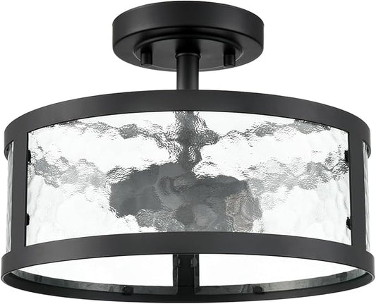 Farmhouse Semi Flush Mount Ceiling Light Black Light Fixtures Ceiling Mount 2-Light with Hammered Glass for Bedroom Kitchen Bathroom Entryway Proch