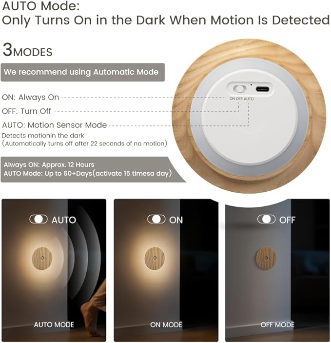 Motion Sensor Night Lights Wood, Rechargeable Battery-Powered Magnetic Stick-On Night Lights Wall Lights for Hallway, Bedroom, and Stairs (Ash Wood *2Pack)