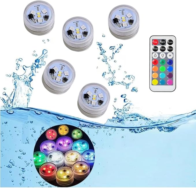 KEMANI Mini Submersible Led Lights, 5pcs Small Underwater Tea Lights Candles Waterproof with Remote Battery Operated, RGB Multicolor Changing for Wedding Home Party Festival Decoration