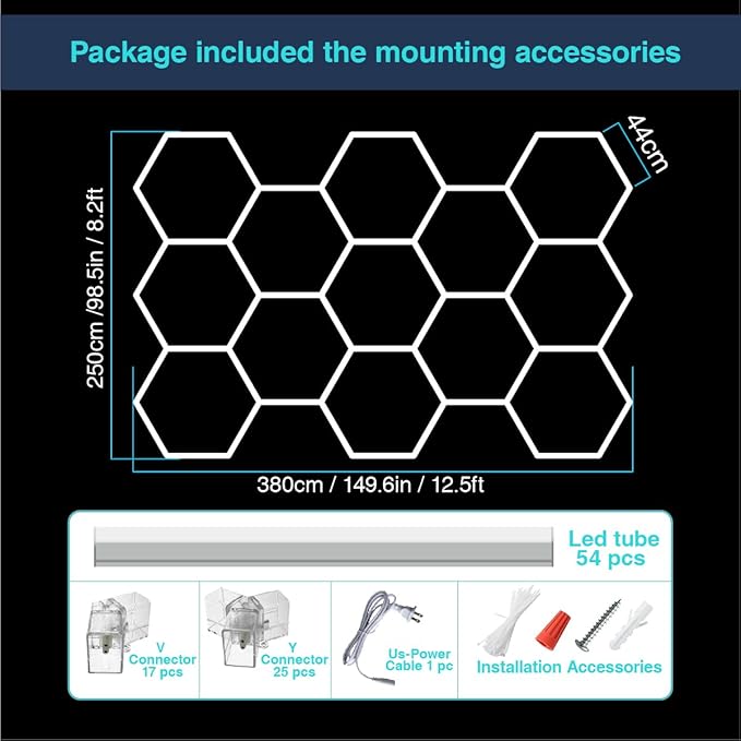 Hexagon LED Lights Garage Light,13 Honeycomb 54packs Tubes 6500K 432W，Hex Garage Ceiling LED Light for Gym Basement Warehouse Auto Beauty Shop Car Detailing Hair Salon Workshop Lighting