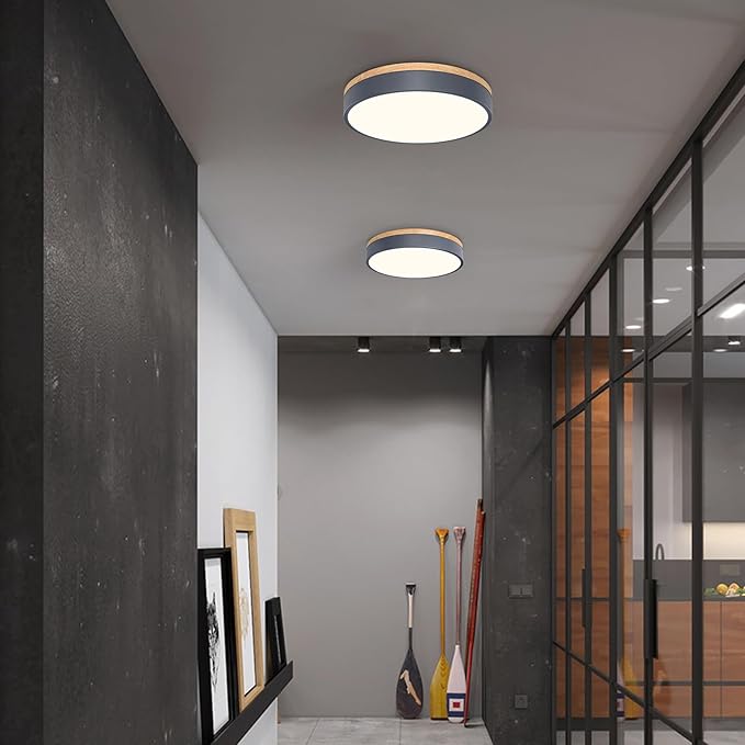 Modern Dimmable LED Close to Ceiling Light Minimalist Wood Oak Flush Mount Ceiling Light Fixture with Lampshade for Bedroom Living Room Bathroom Laundry Room (Grey-Dimmable, 11.8''/30cm)