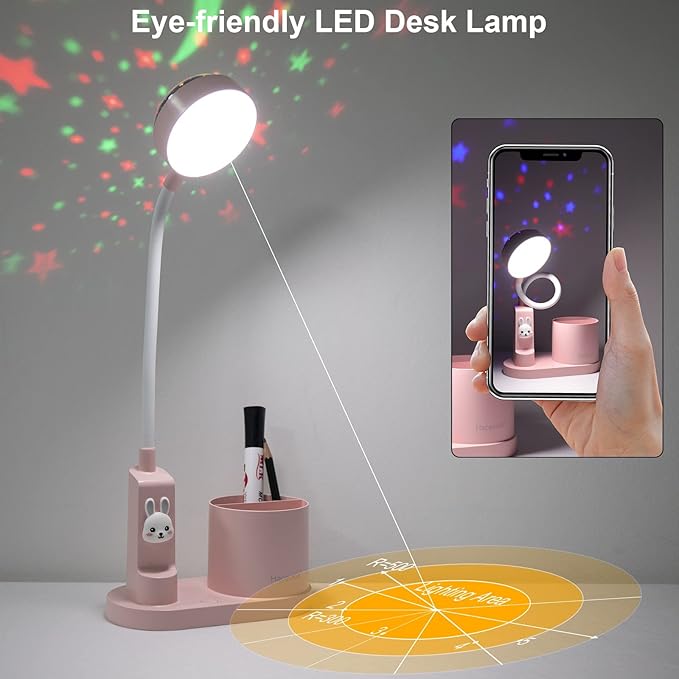 Cute Pink Rabbit Lamp for Kids Reading Study - Star Projector/Pen Holder/3 Brightness/Eye Caring, Rechargeable Led Table Desk Lamp for Home Office Dorm Decor, Ideal Birthday Christmas Gifts