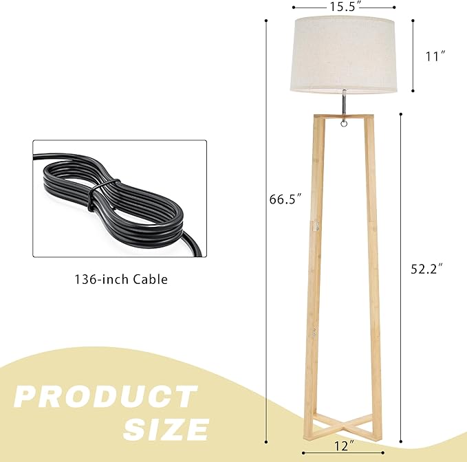 66" Bamboo Corner Floor Lamp with Linen Shade, Boho Rustic Standing Lamp for Living Room Bedroom Office, Modern Natural Tall Floor Lamp with E26 Base