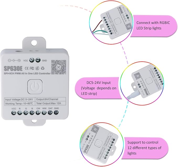SP630E LED Controller – Bluetooth Led Controller for Single-Color or IC-Driven Strips Control for WS2811/WS2812B/SK6812, PWM SPI-TTL Support (5V-24V Wide Voltage)