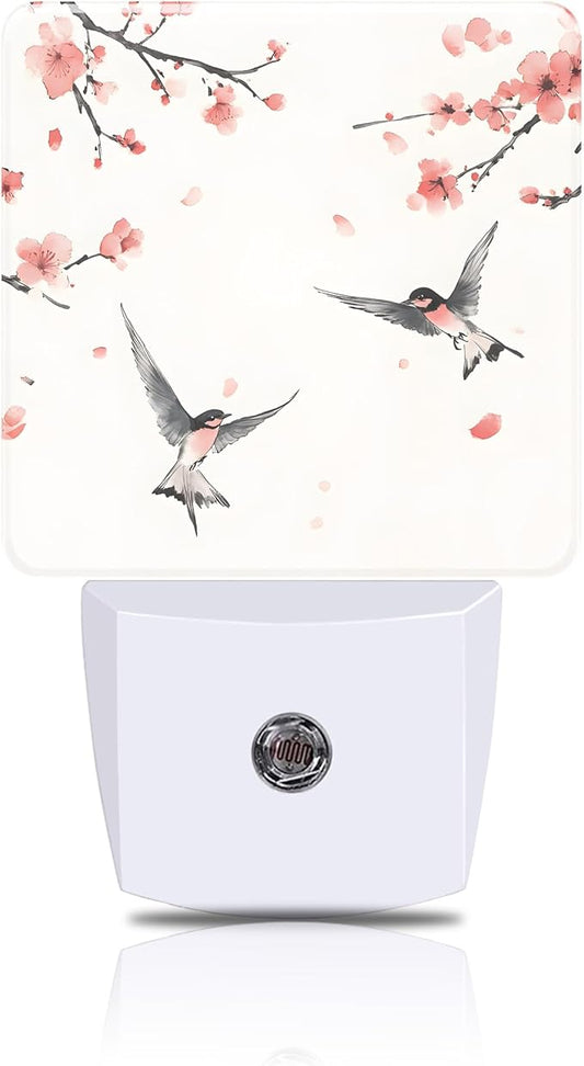 Peach Blossom and Bird Night Light, Plug-in Nightlight with Dusk to Dawn Auto Sensor for Home Bedroom Hallway Kitchen 0.5W Sleep Friendly Led Lamp for Women Men