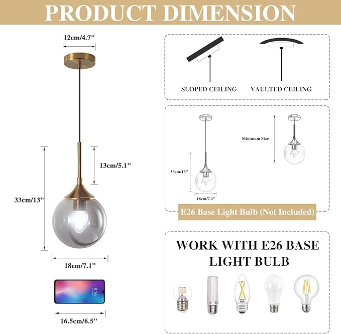 KCO Lighting Modern 1-Light Globe Pendant Light Mid Century Large Single Smoke Glass Hanging Light Brushed Brass Adjustable Pendant Light Fixture for Living Room Kitchen Island