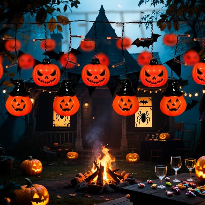 6ft Halloween Pumpkin Curtain String Lights, Led Icicle Light Strand, Jack-o'-Lantern with 8 Modes Battery Operated Indoor Outdoor Holiday Decoration