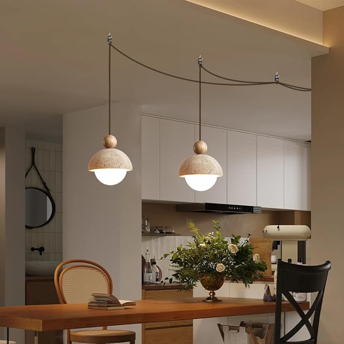 Plug In Wabi Sabi Pendant Light Japanese Retro Vintage Style Spherical Natural Stone Yellow Travertine Hanging Lamp Plug In For Girl's Room Kitchen Island Dining Room Bedroom G9 Light Mini Cement