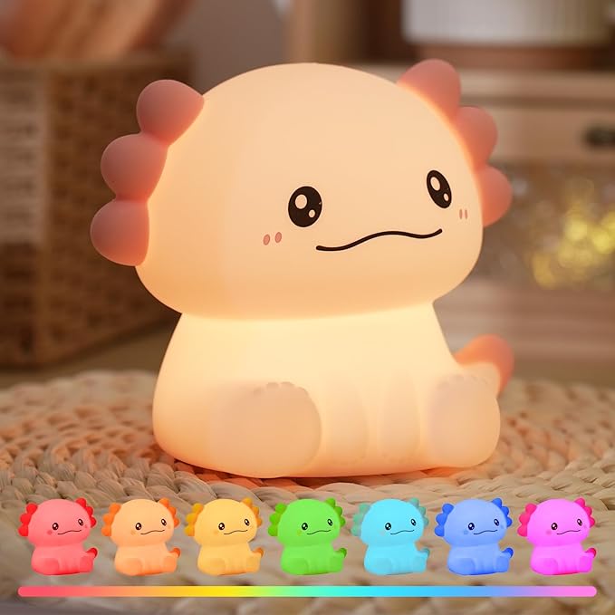 Cute Axolotl Night Light for Kids Rechargeable, Battery Operated Nightlight 3 Level Dimmable with RGB&Timer, Silicone Touch Nursery Lamp for Baby Girls Boys Bedroom Gifts