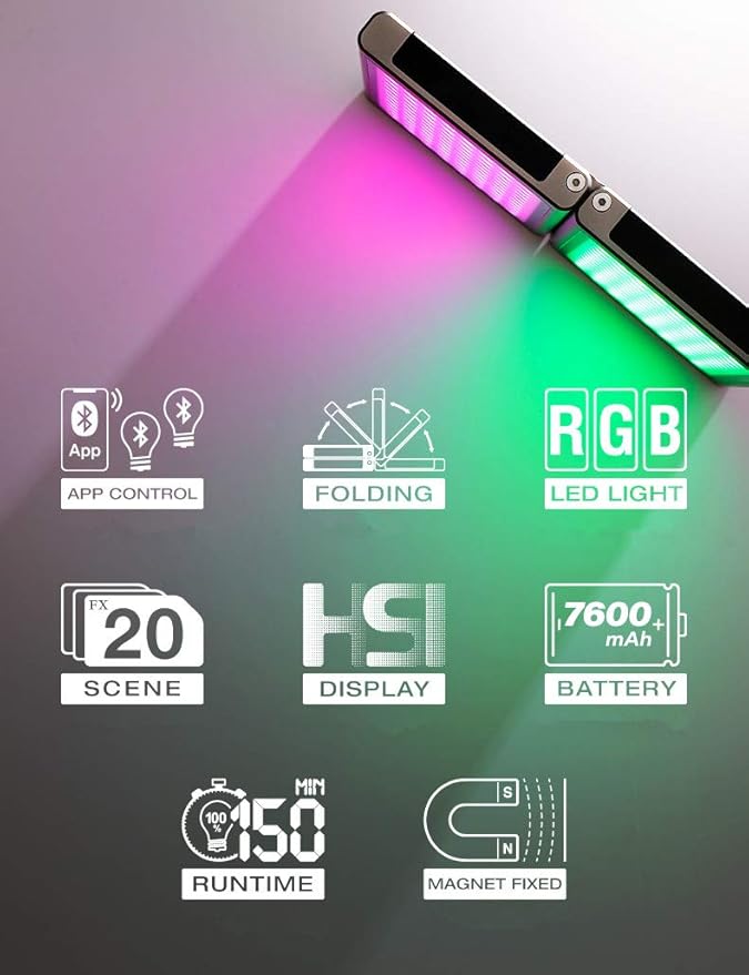 Falcon Eyes F7 Fold 24W RGB On Camera Video Light, Support Magnetic Attraction, Color Picker Functions, App Control