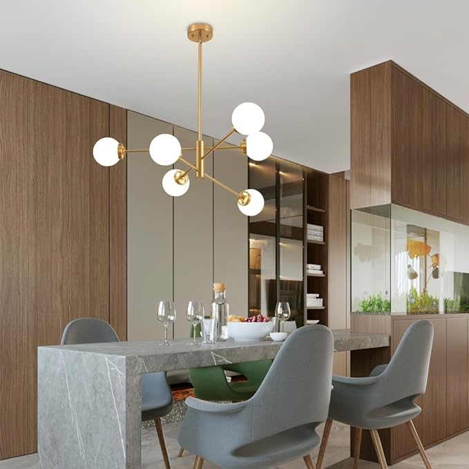 Sputnik Chandelier, Gold Modern Chandeliers, Mid Century Ceiling Lighting Fixture 6-Lights with Milk White Glass Shade for Living Room, Kitchen, Bedroom, Dining Room, and Farmhouse