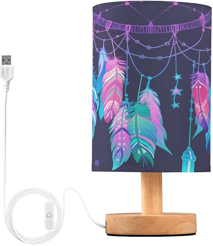 Table Lamp Dream Catcher Native American Indian Blue Blur Dot Dreamcatcher Nightstand Lamp with Wood Base Fabric Lamp Shade Bedside Desk Lamp for Living Room Bedroom Kids Room Office