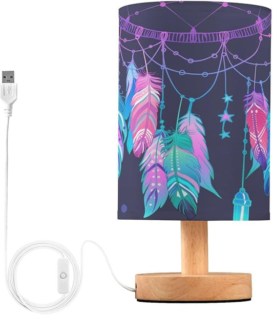 Table Lamp Dream Catcher Native American Indian Blue Blur Dot Dreamcatcher Nightstand Lamp with Wood Base Fabric Lamp Shade Bedside Desk Lamp for Living Room Bedroom Kids Room Office
