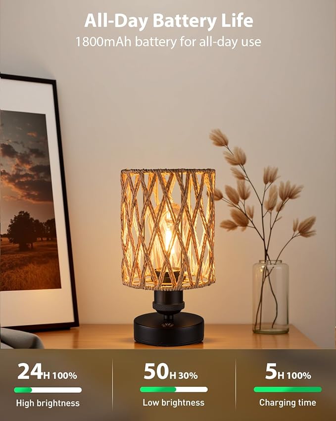 Cordless Outdoor Table Lamps, Small Rattan Boho, Rechargeable Battery Operated for Outdoor Patio, Home, Living Room, Bedroom, Bedside - Set of 2 (Beige-A)