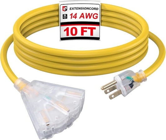 EP 10 Ft Lighted Outdoor Extension Cord with 3 Electrical Power Outlets - 14/3 SJTW Heavy Duty Yellow Extension Cable with 3 Prong Grounded Plug - Power Cord for Lawn, Garden, Appliances
