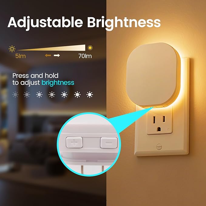 Night Lights with Motion Sensor & Dusk-to-Dawn Sensor, 2 Pack, Backlit Soft White with Adjustable Brightness, Auto-On/Off, for Kids Adults Nursery Bedroom Bathroom Hallway Kitchen