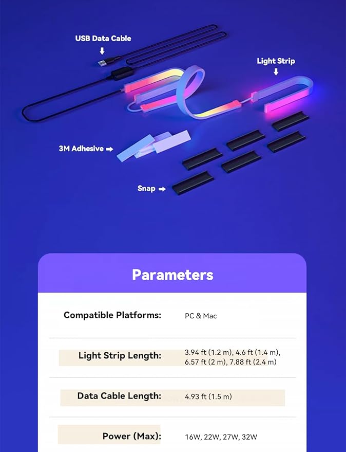 RGB Backlight for PC & Mac, LED Strip Light Sync with Screen Color or Music, Stick to The Edge of Your Desk, LEDs for Desk Gaming, USB Port, Software Control, 7.88ft / 2.4m