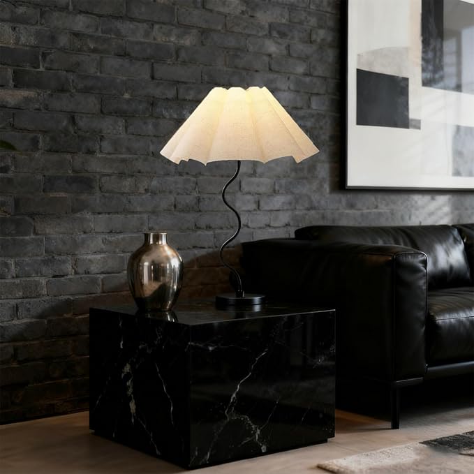 Small Table Lamp, Pleated Table lamp for Bedroom, Bedside Lamps for Nightstand with Linen Lampshade, Modern Lamp for Bedroom Home Office Decor, Black.