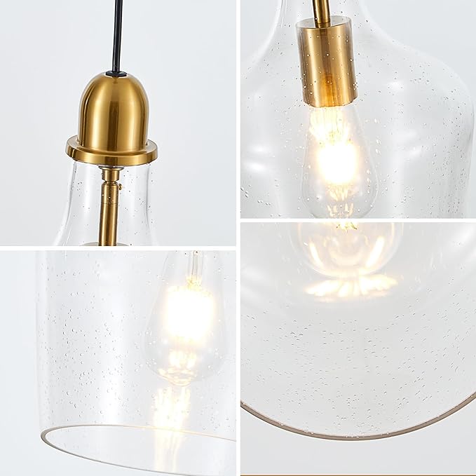9” Seeded Glass Pendant Light Modern Brass 1 Light Single Dome Bubble Pendant Lighting Fixtures for Kitchen Island Dining Room Hallway, UL Listed