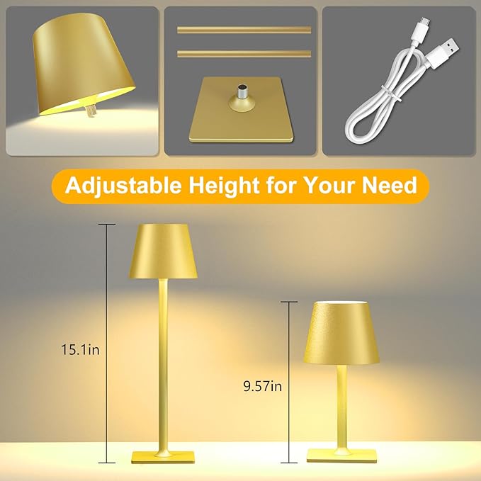 2 Pack Gold Cordless Table Lamp - 6000mAh Battery Operated Touch Lamp with 3 Color Stepless Dimming, Waterproof & Wireless for Indoor & Outdoor Use, Perfect for Living Room Camping Café Patio