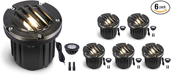 Gardenreet Landscape Well Lights Outdoor - Brass LED Weathproof In Ground Lighting, Low Voltage 12V Directional Grated Top Fixture, Antique Bronze for Wall Floor Path with 2700K Warm White MR16 Bulb