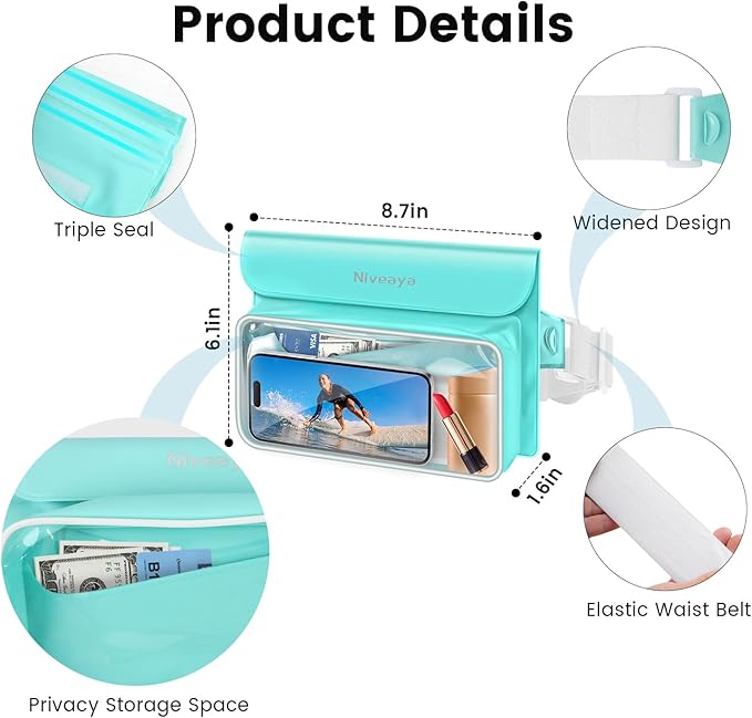 Niveaya IPX8 Waterproof Fanny Pack - 2 Pack, Floating Dry Bag Pouch, Phone Waterproof Waist Pouch Dry Bag, Beach, Kayaking, Swimming, Boat Essentials, for iPhone 17/16/15/14/13/12 Pro Max up to 9.5"