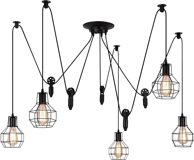 Industrial Pendant Lighting 5 Heads, Adjustable DIY Vintage Style Spider Semi Flush Mount Ceiling Light,Edison Rustic Chandelier,Hanging Lamp Fixture for Dining Room,Kitchen Bedroom,farmhouse