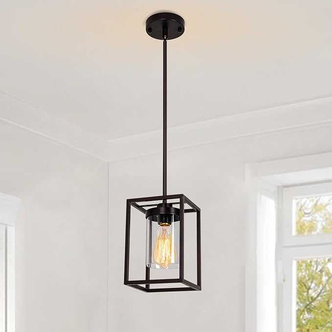 1-Light Oil Rubbed Bronze Pendant Light Fixture, Farmhouse Iron Cage Metal Pendant Light, Lantern Pendant Lighting with Clear Glass Shade for Kitchen Island Entryway Dining Room Hallway