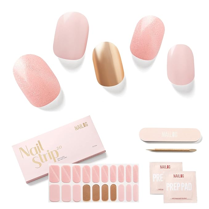 NAILOG Semi Cured Gel Nail Strips Baby Pink, 20 Pcs Extra Long Semi Cured Nails| Buy 2 Get 1 UV Lamp| Salon-Quality Nail Polish Wraps with Glossy Gel Finishing, Anastasia
