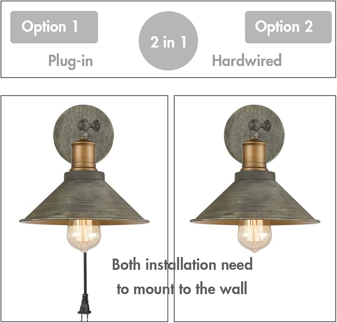 Vintage Farmhouse Wall Sconces Hardwired or Plug-in Bedroom Bath Wall Lamps Set of 2 with on/Off Switch