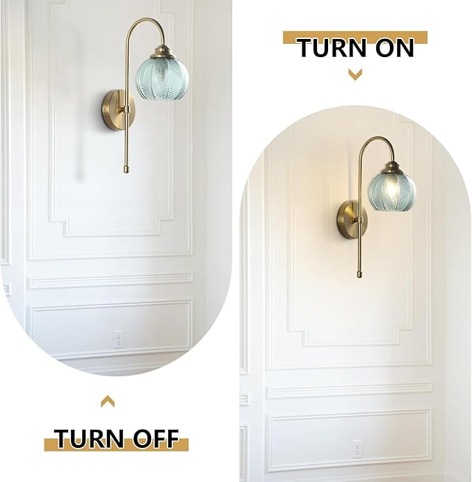 KCO Lighting Vintage Green Glass Wall Light with Brushed Brass Arm - Large Globe Sconce, Gold Finish - Mid Century Modern, Unique Bathroom Wall Lamps