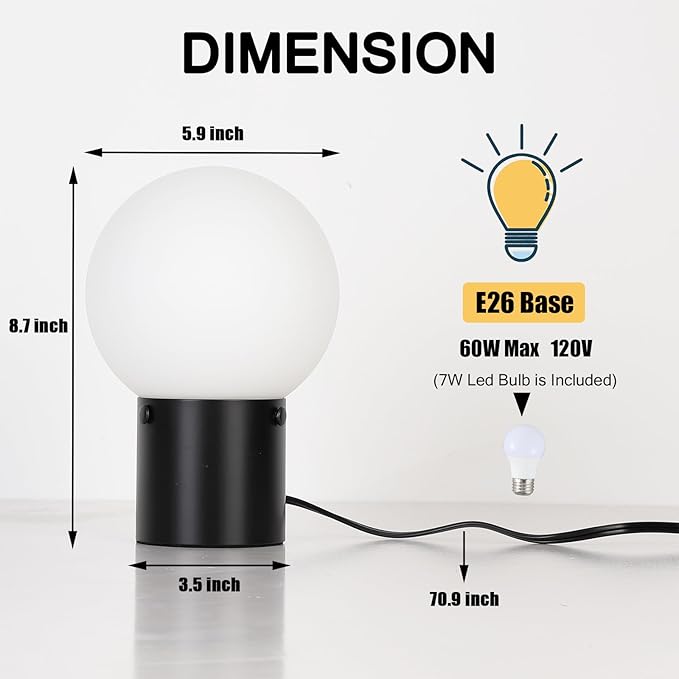 Somniferous Small Table Lamp for Nightstand with Frosted Glass Globe Lamp Shade, Mid Century Modern Bedside Lamp with Black Metal Base, Round Side Table Lamp for Bedroom Living Room Entryway
