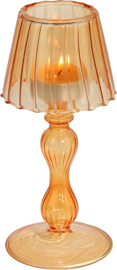 Desk Lamp Shaped Glass Candle Holder - Glass Hurricane Candleholder Crystal Decorative Candle Stand for Table Wedding Dinning Centerpieces Party Supplies Decor Amber