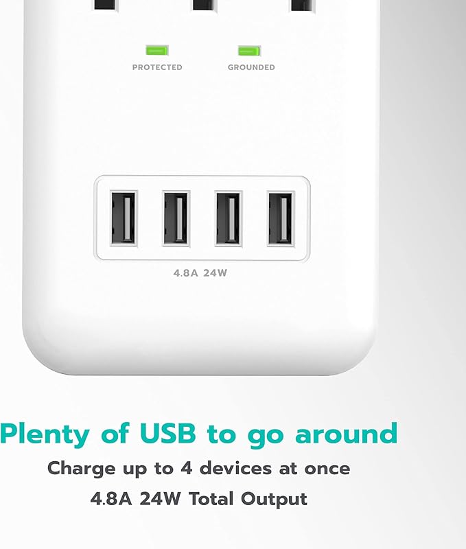 KMC 3-Outlet Wall Mount Surge Protector, 900 Joules, 4 USB 4.8 AMP USB Charging Ports, Phone Holder Cradle for Home, School or Office, ETL Certified